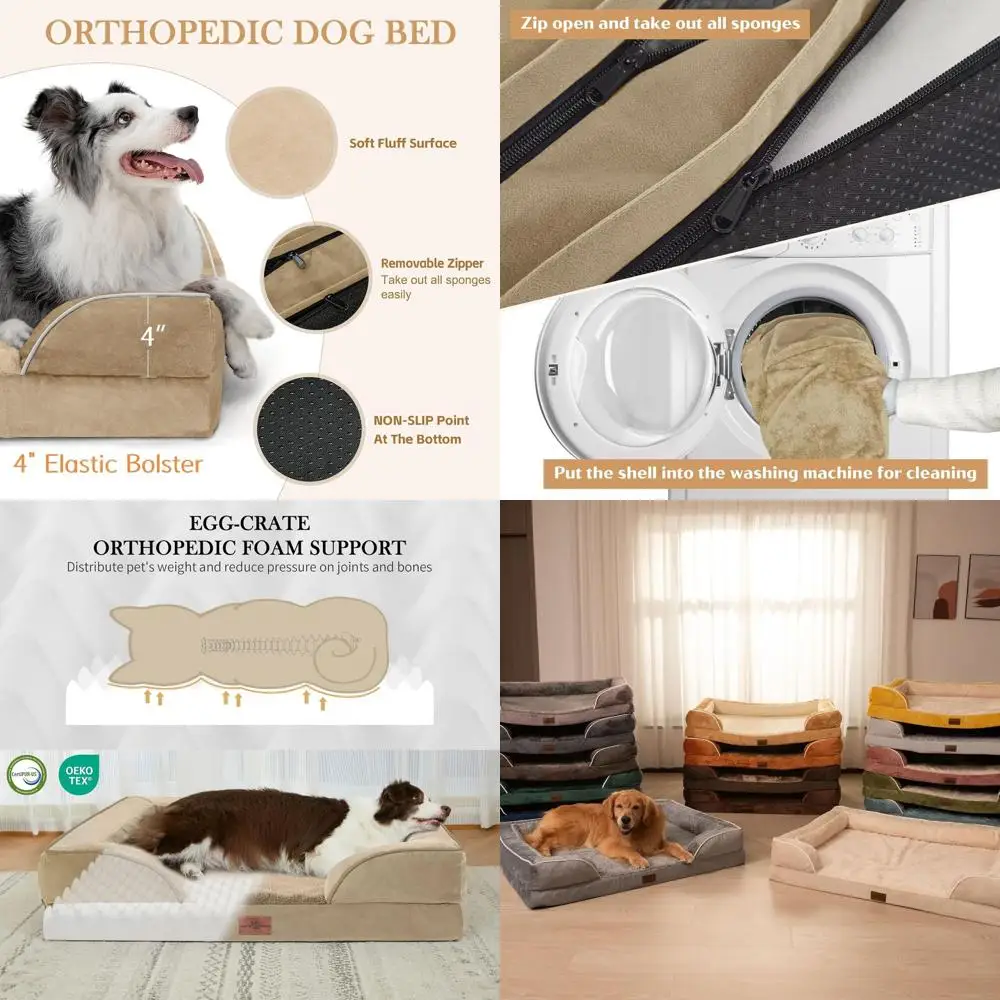 

Ортопедическая кровать для крупных собак, 35x22, водонепроницаемая поддерживающая пена с ячеистой структурой, съемная подушка-валик, моющийся чехол, нескользящее основание, светло-серый цвет