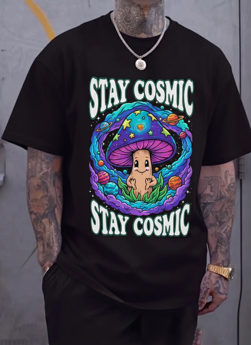 

Psychedelic Mushroom Graphic Tee Stay Cosmic Printed Tee with Neon Galaxy Art and Cute Cartoon Mushroom Surrounded by Planets