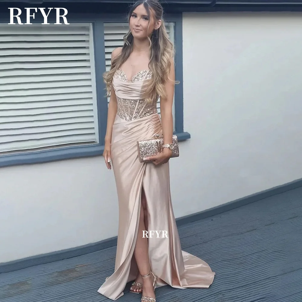 

RFYR Lace Up Back Evening Dress Mermaid Party Dress High Slit Vestido De Novia Gentle Prom Dress Straps Party Dress Customized