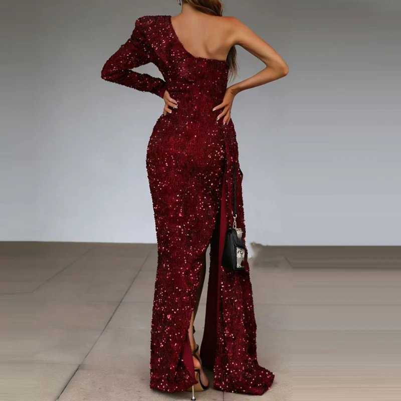 Mulheres casual manga longa vestidos de cintura sólida elegante divisão brilhante lantejoulas vestido de festa sexy um ombro divisão assimetria vestido longo