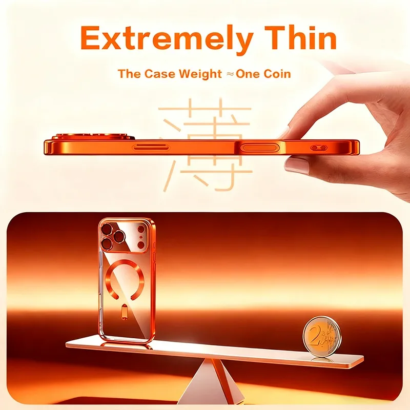 Fashion Orange Magnetic Clear Case For iPhone Air 17 16 15 14 13 12 11 Pro Max Plus Wireless Charge Plating Soft Business Cover - náhled 6