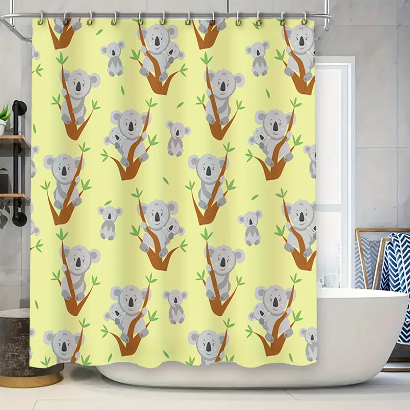 

Adorable Koala Print Shower Curtain for Kids Bathroom Decor Yellow Green Trees Pattern Bath Liner 69x70inches with Hook