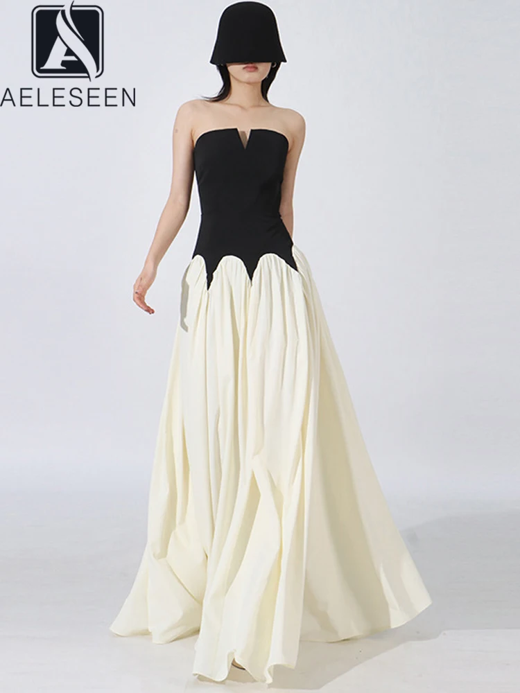 

AELESEEN High Quality Party Dress Women Design Fashion Summer Strapless Black Beige Contrast Color Elegant Banquet Occasion