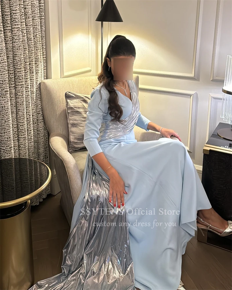 SSYTENS Sky Blue Prom Dress Formal Occasions Women Saudi Mermaid Evening Gowns Gala Long Sleeves Elegant Wedding Party Dress