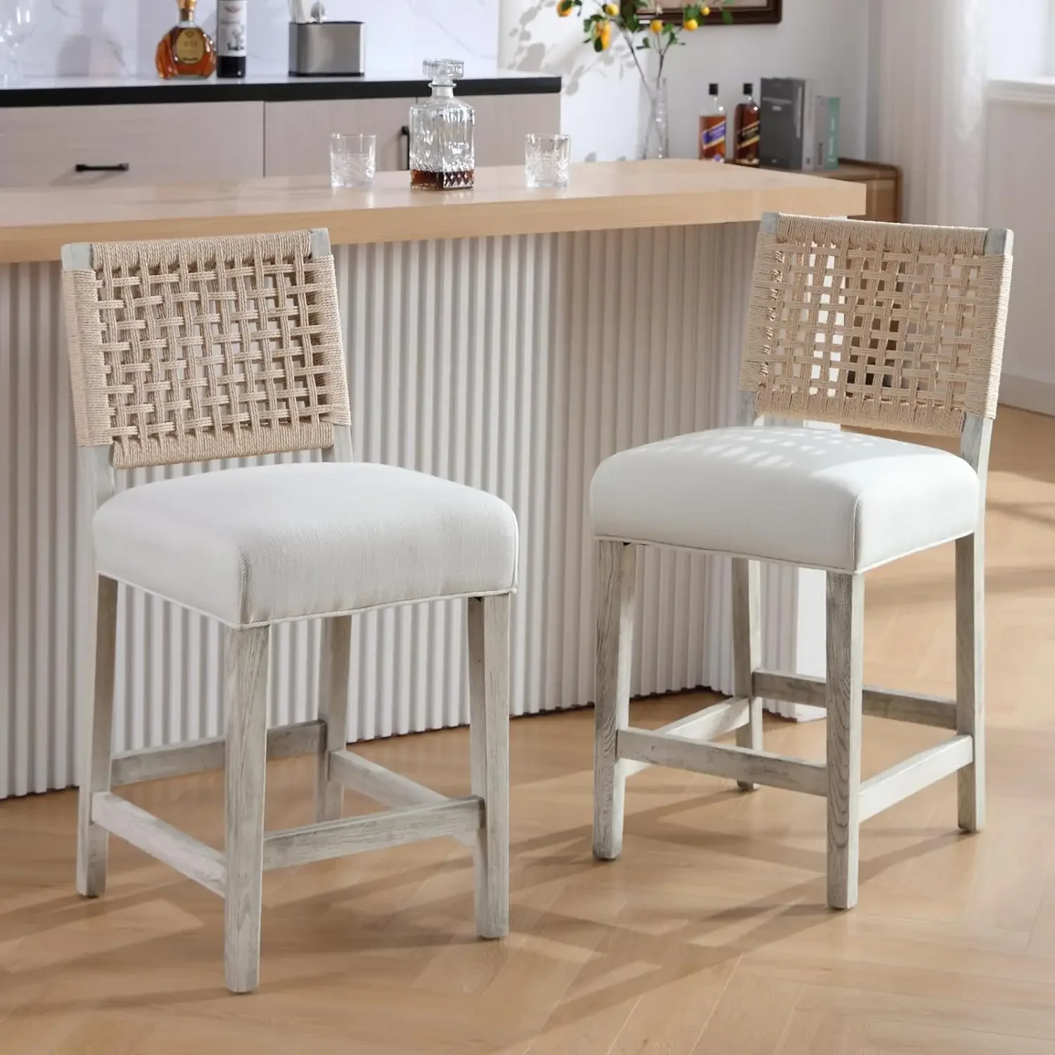 White Bar Stools for Kitchen Counter Midcentury Linen Fabric Counter Height Stools Set of 4 Boho Wooden Stool Chairs