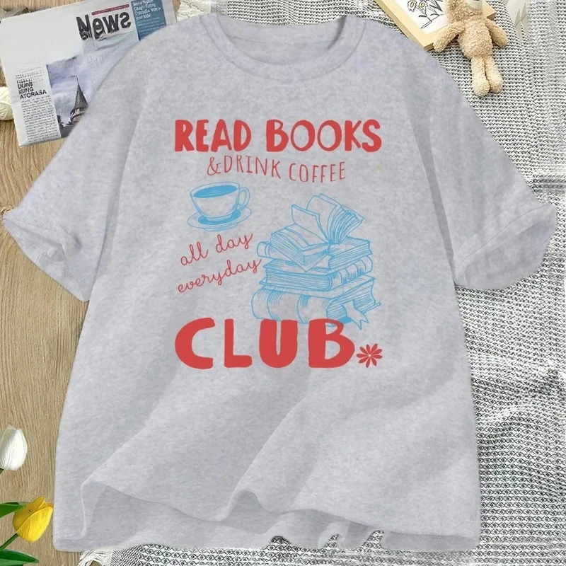 Reading Book and Coffee Club T-shirt Women Casual Short Sleeve Tshirt Clothing Vintage Bookish Tops Graphic Aesthetic Clothes