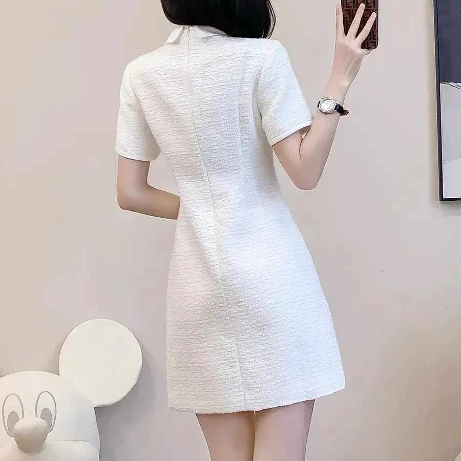 White Bow Pocket Buttons Short Sleevs A-line Dress For Women\'s Summer New Temperament French Waist Slimming Small Fragrant Style