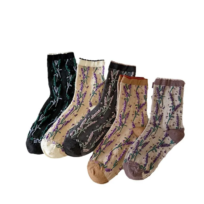 5 Pairs Autumn and Winter Versatile Color Stacking Socks Violet Flower Relief Medium Tube Socks Cotton Women's Socks
