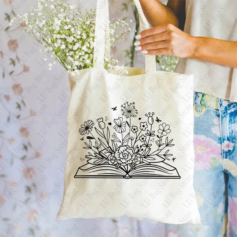 Boek En Bloemenpatroon Canvas Bagagetas Boek Liefhebber Cadeau Tassen Mode Bagage Tas Eenvoudige Print Boodschappentassen Voor Dagelijks