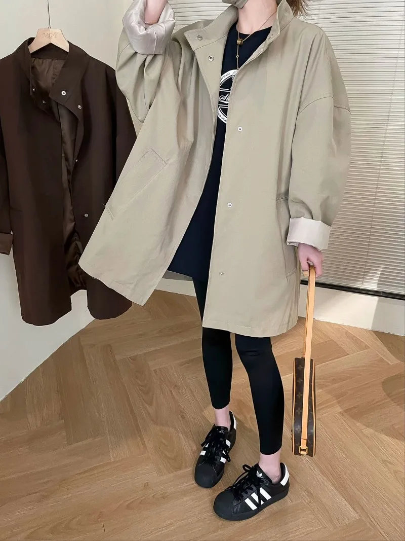 Japanese Trench Coat 2026 Spring Coat Women's European Loose Medium and Long Stand-up Collar Casual Versatile Coat Temperament