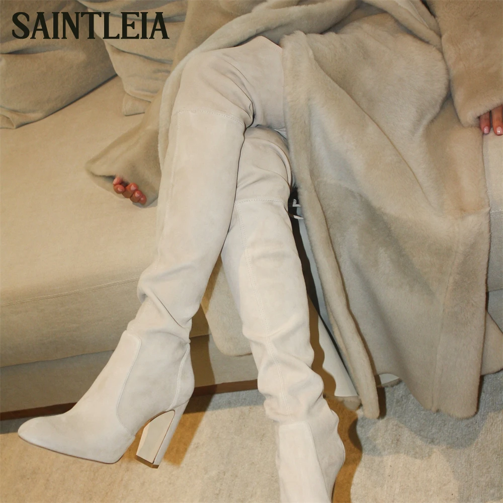 

Slim Block Heel over the Knee Boots Almond Toe Pull on Lace Design Fashion Boots Classic Concise Style Suede Leather Women Boots