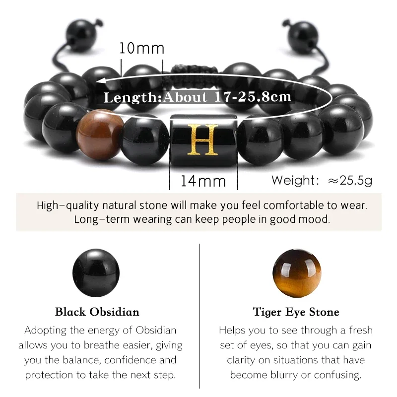 Gelang inisial 10mm untuk pria wanita tautan huruf buatan tangan manik-manik batu mata Onyx hitam alami kepang tali bermakna