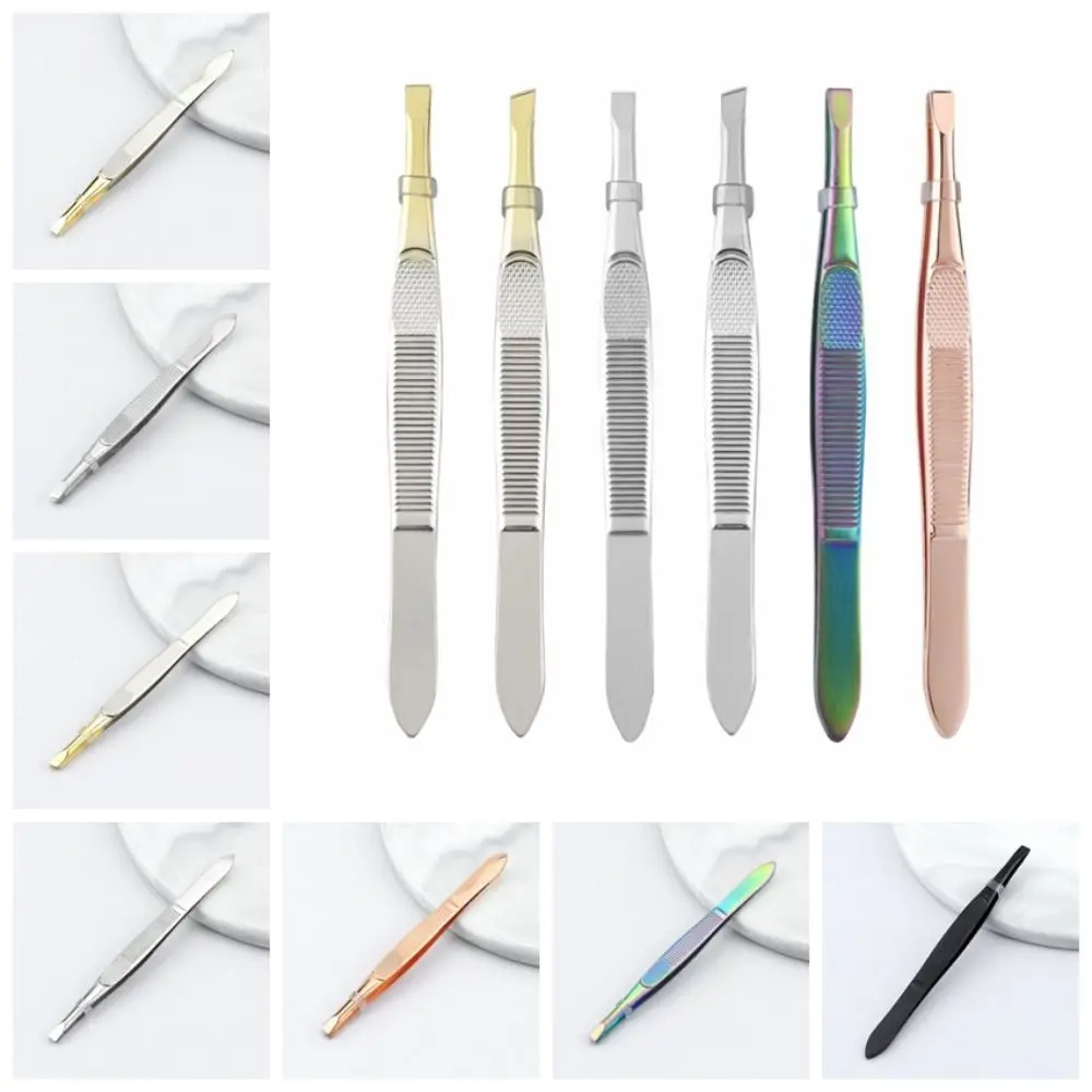 Stainless Steel Eyebrow Trimming Tweezers Flat Tip Plucking Eyelash Curler Mesh Stripe Handle Slant Tip Eye Brow Clips Girl