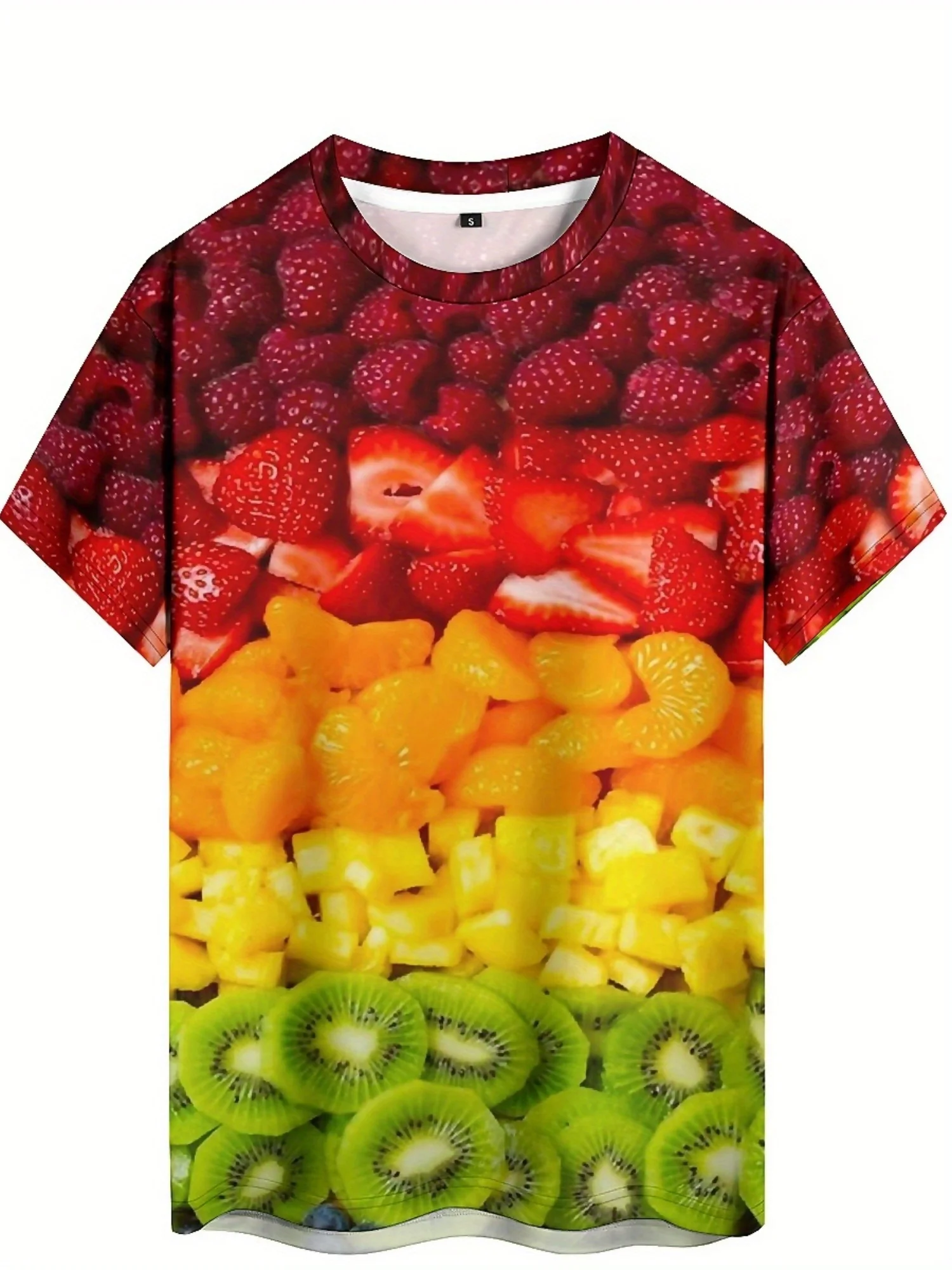 تي شيرت رجالي بأكمام قصيرة وطبعة فواكه ثلاثية الأبعاد بتصميم هندسي لكامل الجسم، قماش مسامي، ملابس في اتجاهين للحفلات