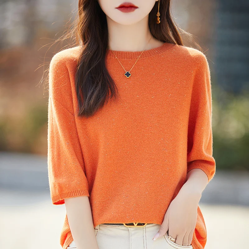 2024 Spring/Summer Pure Wool Cashmere Sweater Women\'s First Line Round Neck Gold Bean Knitted Short Sleeve Loose Soft T-Shirt