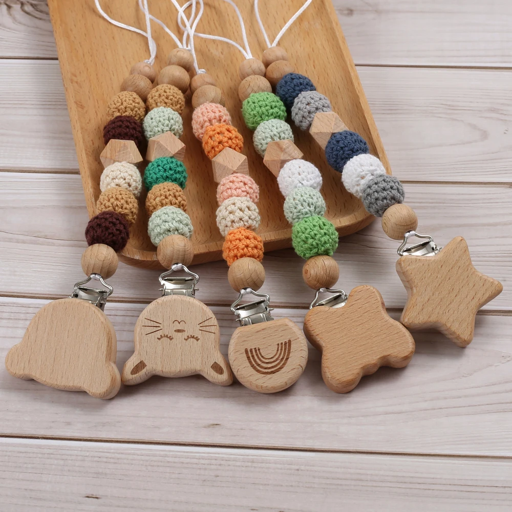 Baby Pacifier Chain Animal Bunny Elephant Heart Beech Pacifier Clip For Wood Round Felt Balls Bead Teether Nipple Chain Chew Toy