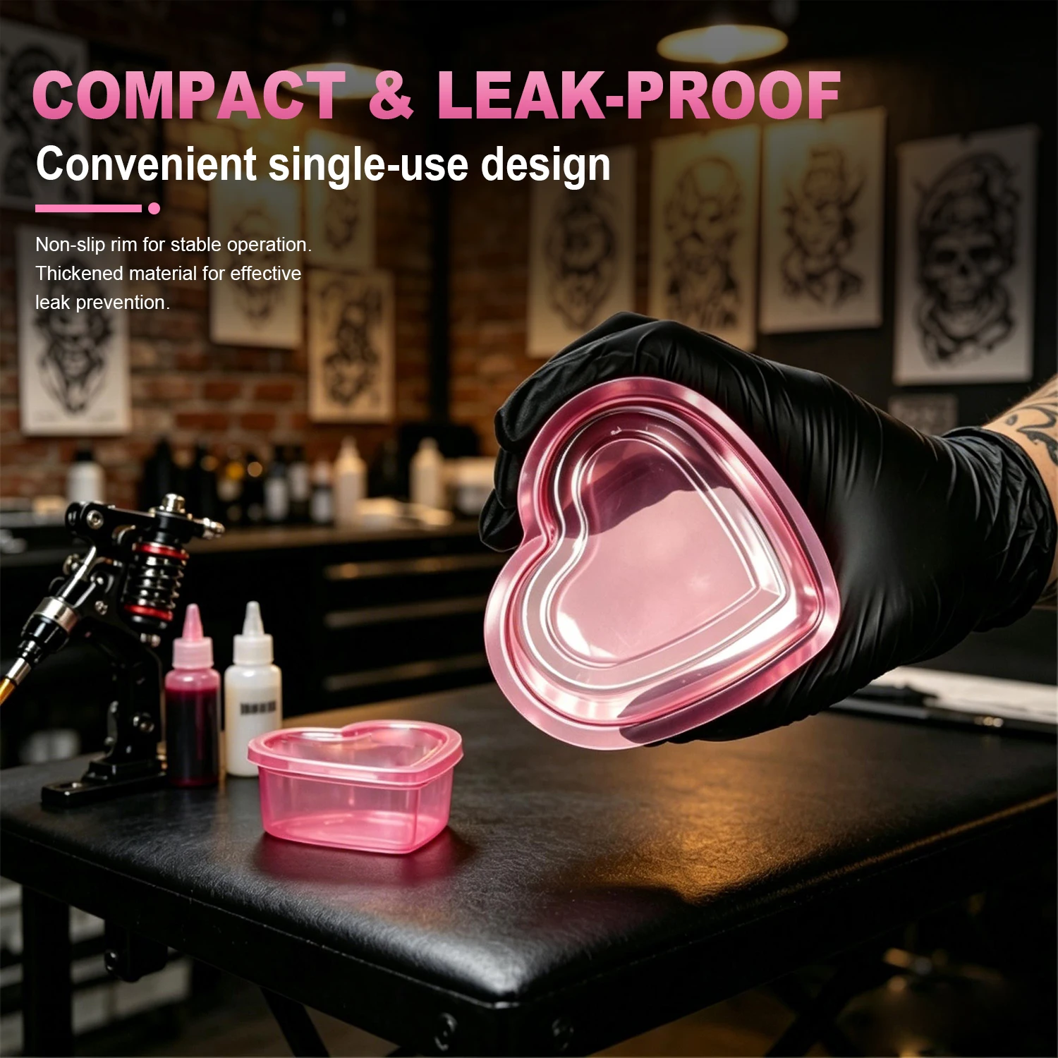 Disposable Heart Tattoo Cleaning Cups Transparent Pink Plastic Stackable Tattoo Ink Wash Cup For Tattoo Artist Hygiene Supplies