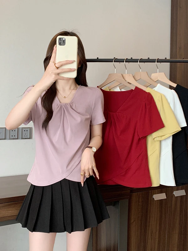 

plus Size Women's V-Neck Short Sleeve T-Shirt Summer New Style Slimming Design Loose Fit Versatile Shoulder-Length Overhead S...