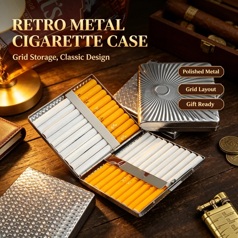 Metal 20 Capacity Cigarette Holder Retro Sunburst Design Anti-Crush Pocket Carry Smoking Men Premium Durable