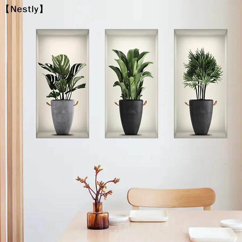 3 Sheets Green Plant Potted Plant Wall Sticker 3D False Window Wall Sticker Vinyl Living Room Background Decora Wall Decal〔Nest〕