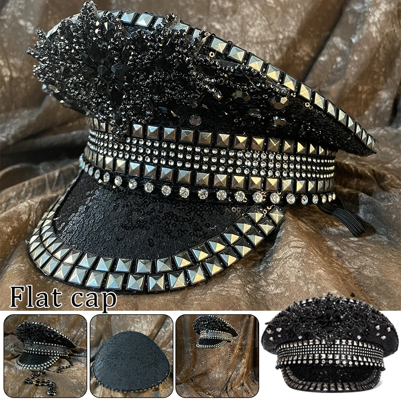 

Women Military Hat Steampunk Black Sequin Bridal Captain Hat Sergeant Hat Luxury Shiny Rhinestone Festival Party Wedding Hat