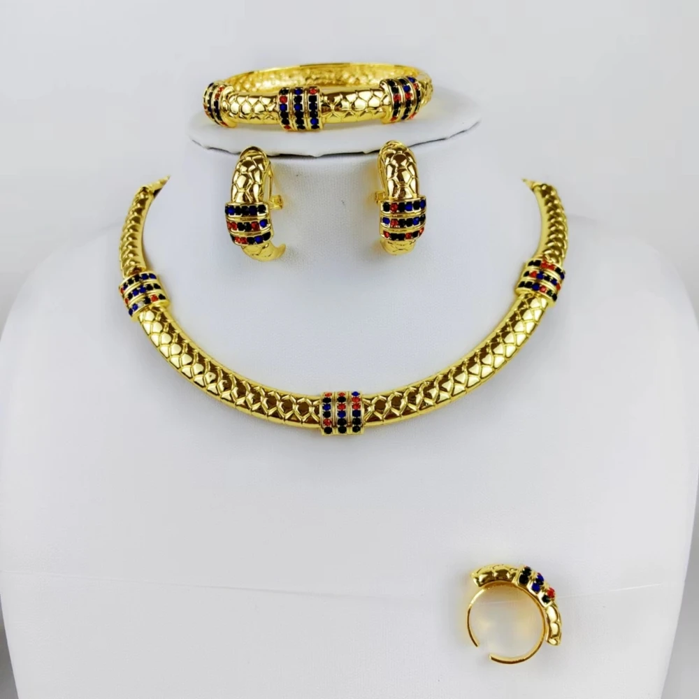 

ESALE Gold Color Jewelry Sets For Women Luxury Quality Necklace Earrings Bracelet And Ring Dubai African 18K Gold Plated Jewelry