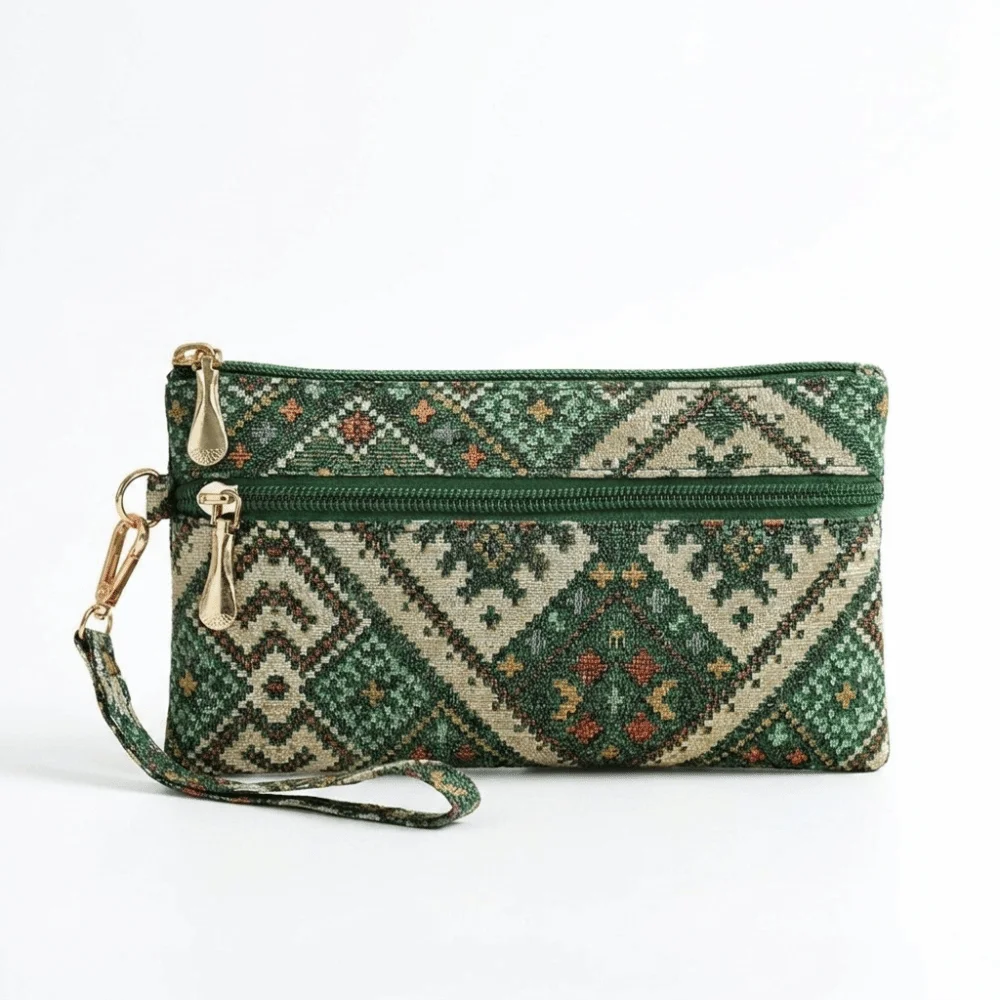 Bohemian Retro Ethnic Style Clutch Purse Double Zipper Portable Long Wallet Geometric Pattern Polyester Wristlet Wallet Ladies