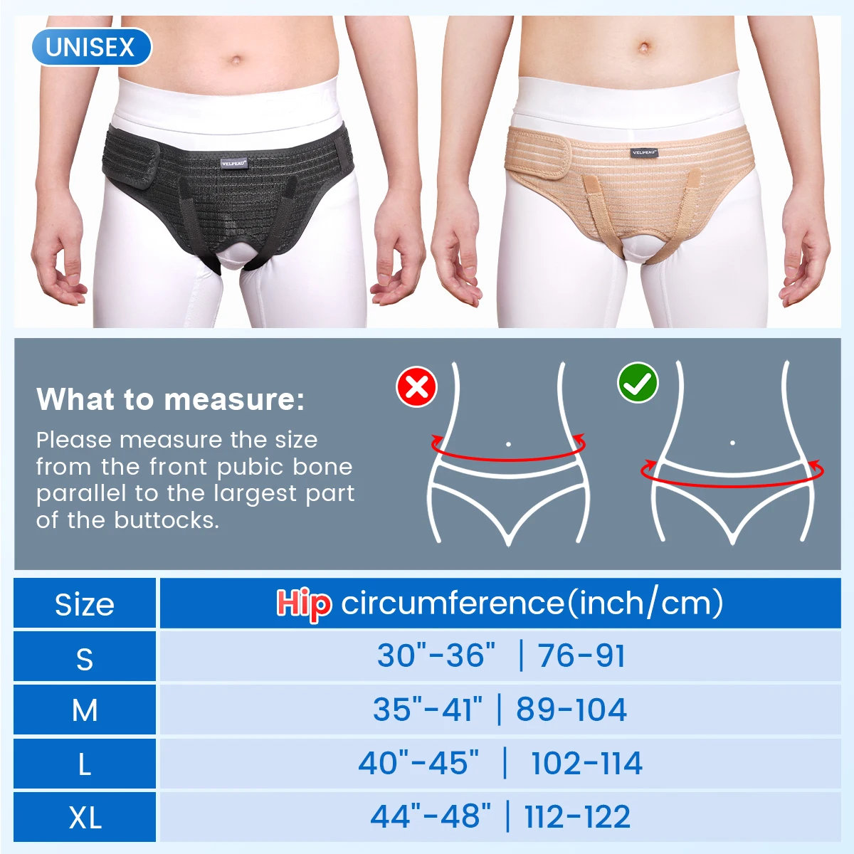 VELPEAU Ceinture pour hernie pour soulagement de la douleur et inguinale simple/double, ceinture de soutien pour hernie de l'aine avec 4 coussinets de compression amovibles