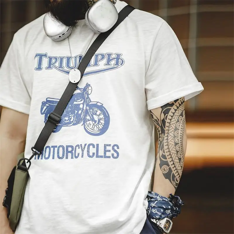 Maden 2024 Retro Motorcycle Graffiti Print Short Sleeve Thin Round Neck Small Market T-shirt 2023 Men's Summer Graphic Tees