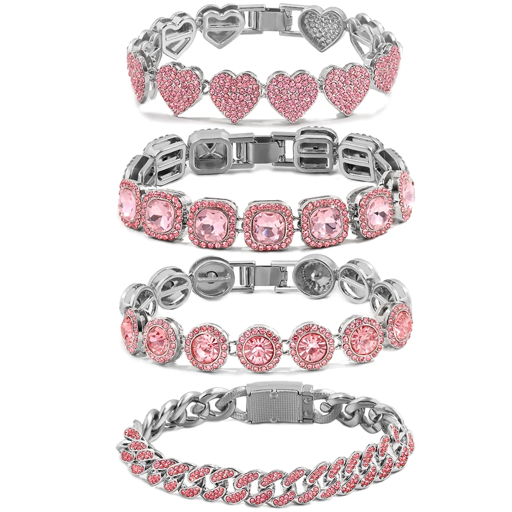 Iced Out Pink Rhinestones Miami Cuban Link Chain Bracelets for Women Heart Tennis Chain Cuban Bracelet Set Jewelry Wholesale