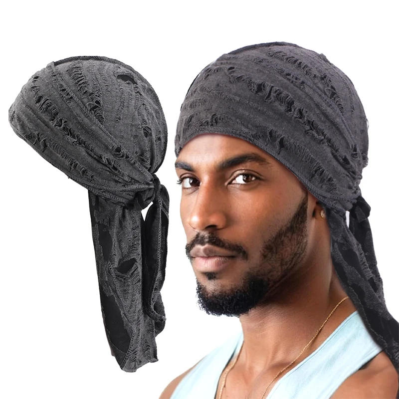 

Durag Long Tail Cotton Ribbon Pirate Hat Scarf Retro Broken Hole Durag Chemo Caps Turban Hair Band Bandanas Headwrap