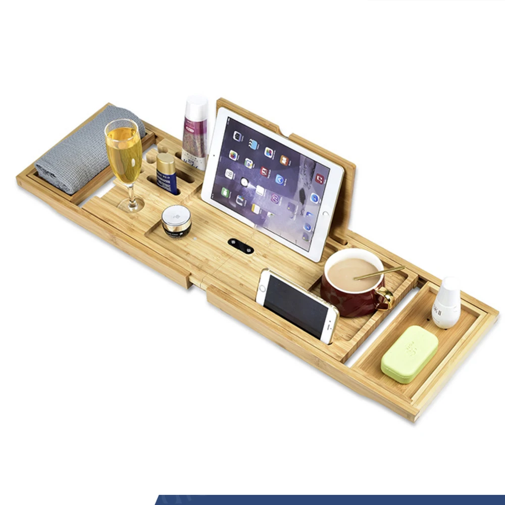 

Gurgle Natural Bamboo Extendable Bathtub Caddy Tray With Adjustable Book Holder Slot Bathtub Shelf