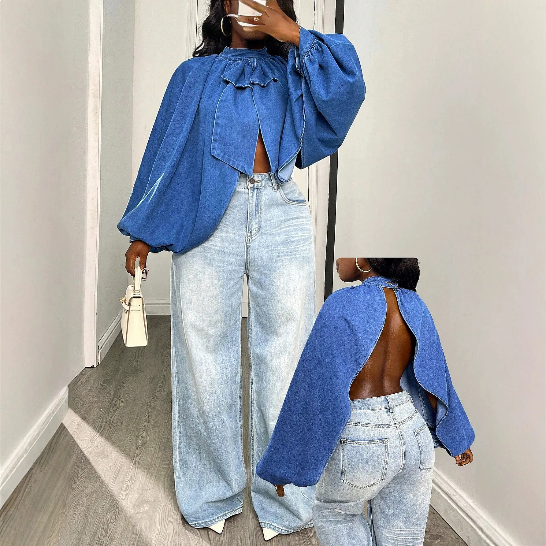 Denim Top Women Casual Blouse Tee Tops Spring Summer Outwear