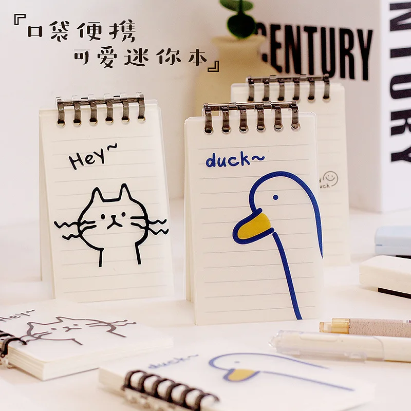 Mini Pocket Notebooks Cute Cat Kawaii Good Luck Duck Black and White Grid 6 Hole Loose-leaf Binder Notebook