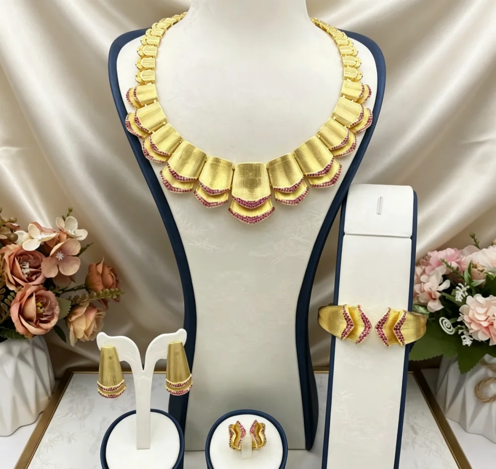 Flora Gold-Plated Copper Women Jewelry Set Luxury for Wedding Accessories with Zircon Bracelet Ring Necklace Earrings
