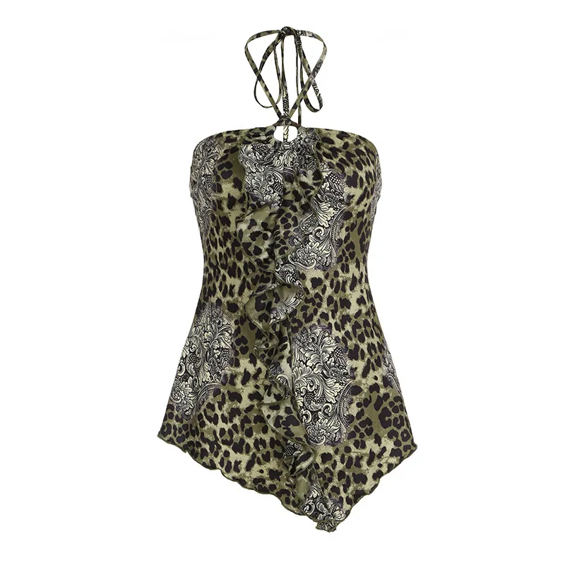 Women's Leopard Print Irregular Ruffle Edge Suspender Sexy Hanging Neck Backless Skirt Type Vest Top