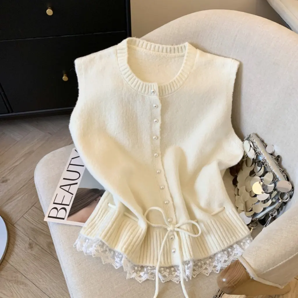 

Maoning Women's Lace-Up Waist Short Top French Spring New Style Knitwear Soft Waxy Lace Splicing Elegant