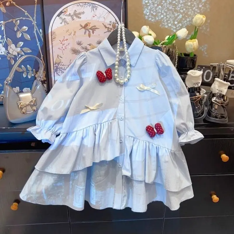High-end stylish girls' shirt dress, new spring and autumn model, little girl's bow princess dress