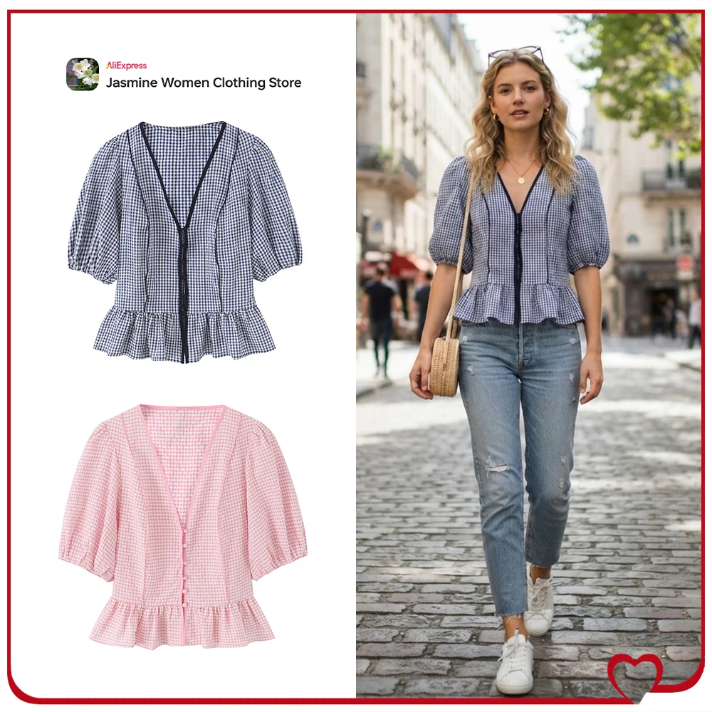 New in Summer Women Gingham Peplum Blouse with A-line Hem Elegant Stylish V-neck Short Balloon Sleeves Blouse with Elastic Cuffs