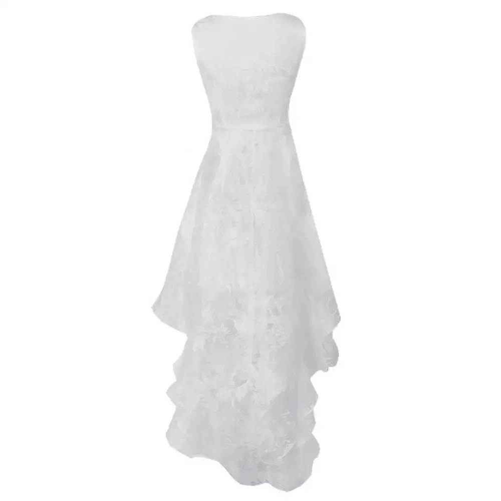 Roupas/vestidos femininos branco sem mangas, gola redonda, renda, bainha irregular, 3 camadas, coquetel, vestido de casamento