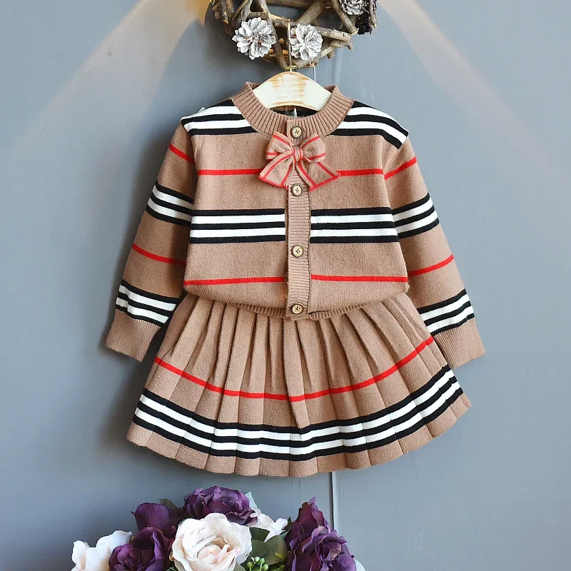 New Fashion Striped Sweater Set for Baby Girl 3-7 Years, Cute Bow Knitted Two-piece Warm Autumn Winter Outfit