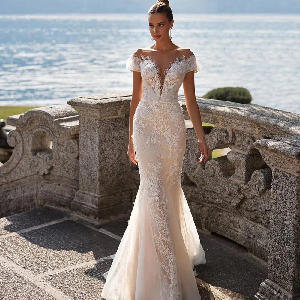 

Customized Boho White Organza Wedding Dress Formal O-Neck Off the Shoulder Bridal Gowns Soft Mermaid Sweep Train Robe de mariée