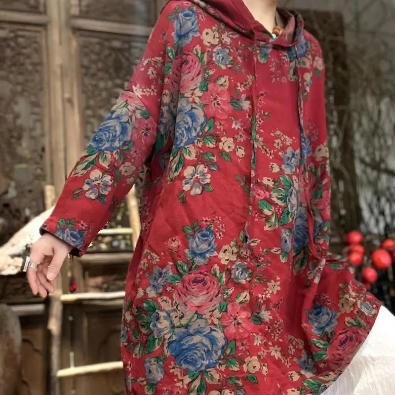 Vintage Floral Blouses Women Spring New Casual Long Sleeve Loose Cotton Linen Tops Stylish Red Hooded Shirt Literary