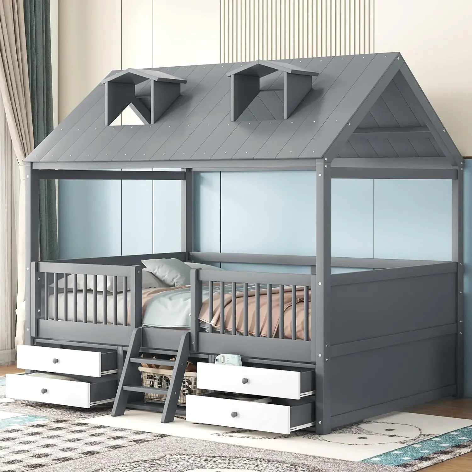 Kids Playhouse Tent Bed with Roof and 2-step Ladder for Children Boys Girls Teens Bedroom, No Box Spring Needed, Gray