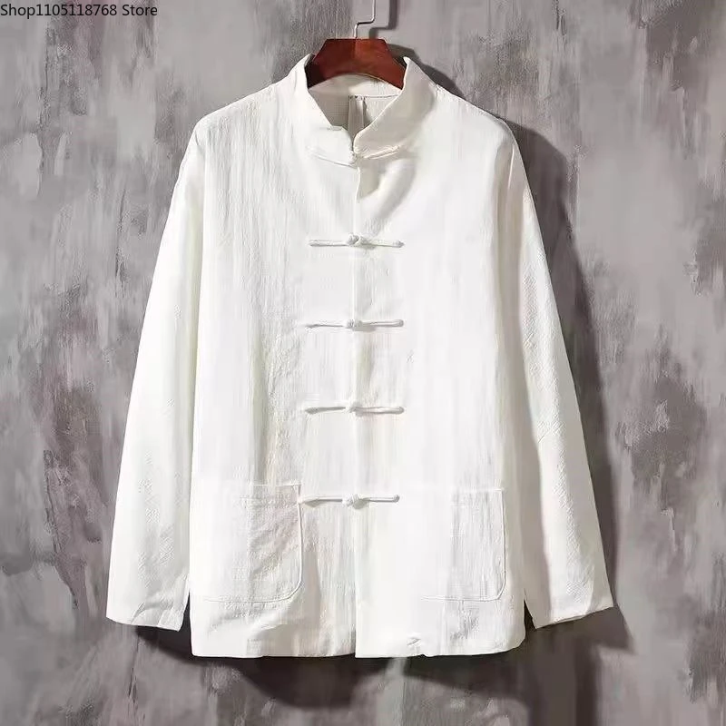 Chinese Tradition Costume Men  Kungfu Tang Clothes Long Sleeve Vintage Button Down Tai Chi Clothing