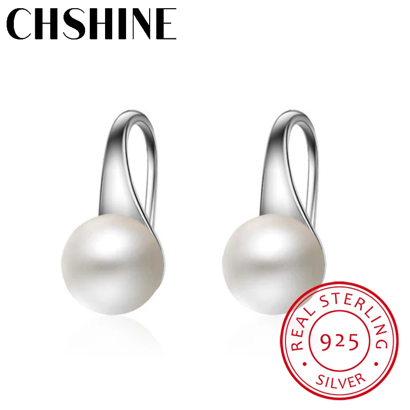 Pure 925 Sterling Silver Earrings Drop Women Round Natural Freshwater Pearl Hook Dangle Earring Ear Drops Brincos De Prata