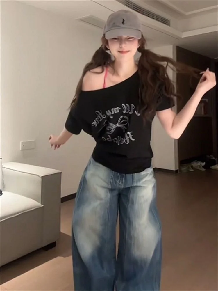 

Faionable American Hot Girl Bla Асимметричная футболка oulder ort Sve Женская летняя свободная футболка с принтом узлов...