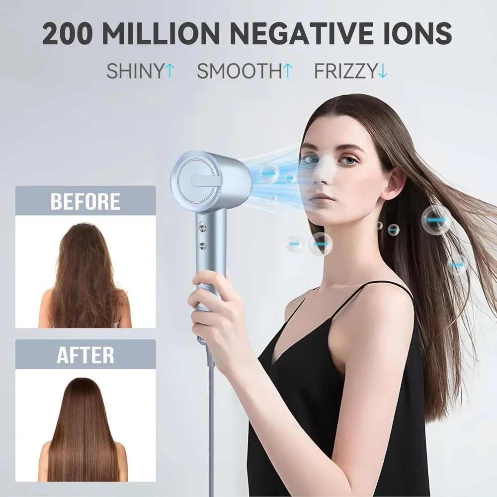 Sèche-cheveux avec concentrateur et diffuseur, 200 millions de ions négatifs, 110000 tr/min, moteur sans balais à grande vitesse, sèche-cheveux