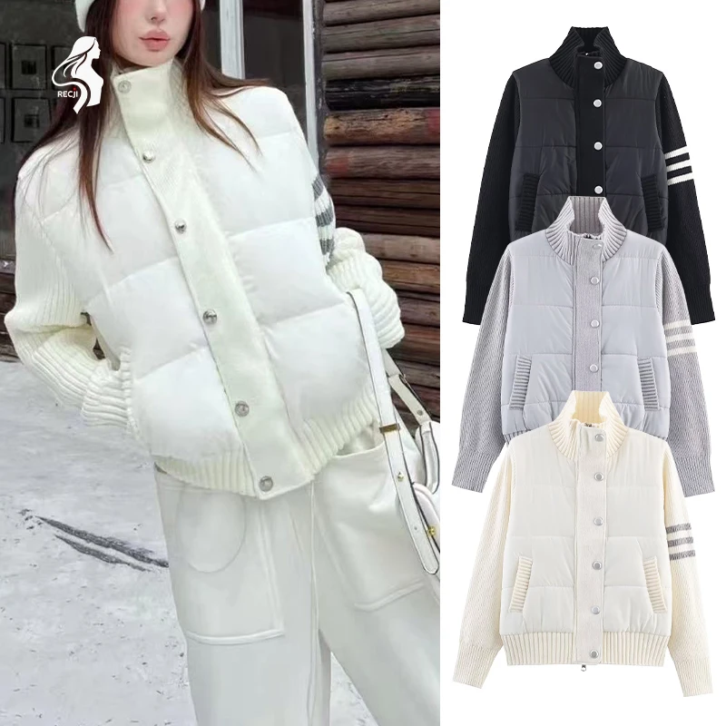 

Женская куртка с воротником-стойкой, стеганая лоскутная вязаная куртка с рукавами, повседневная универсальная куртка, незаменимый осенне-зимний товар Trafizaran