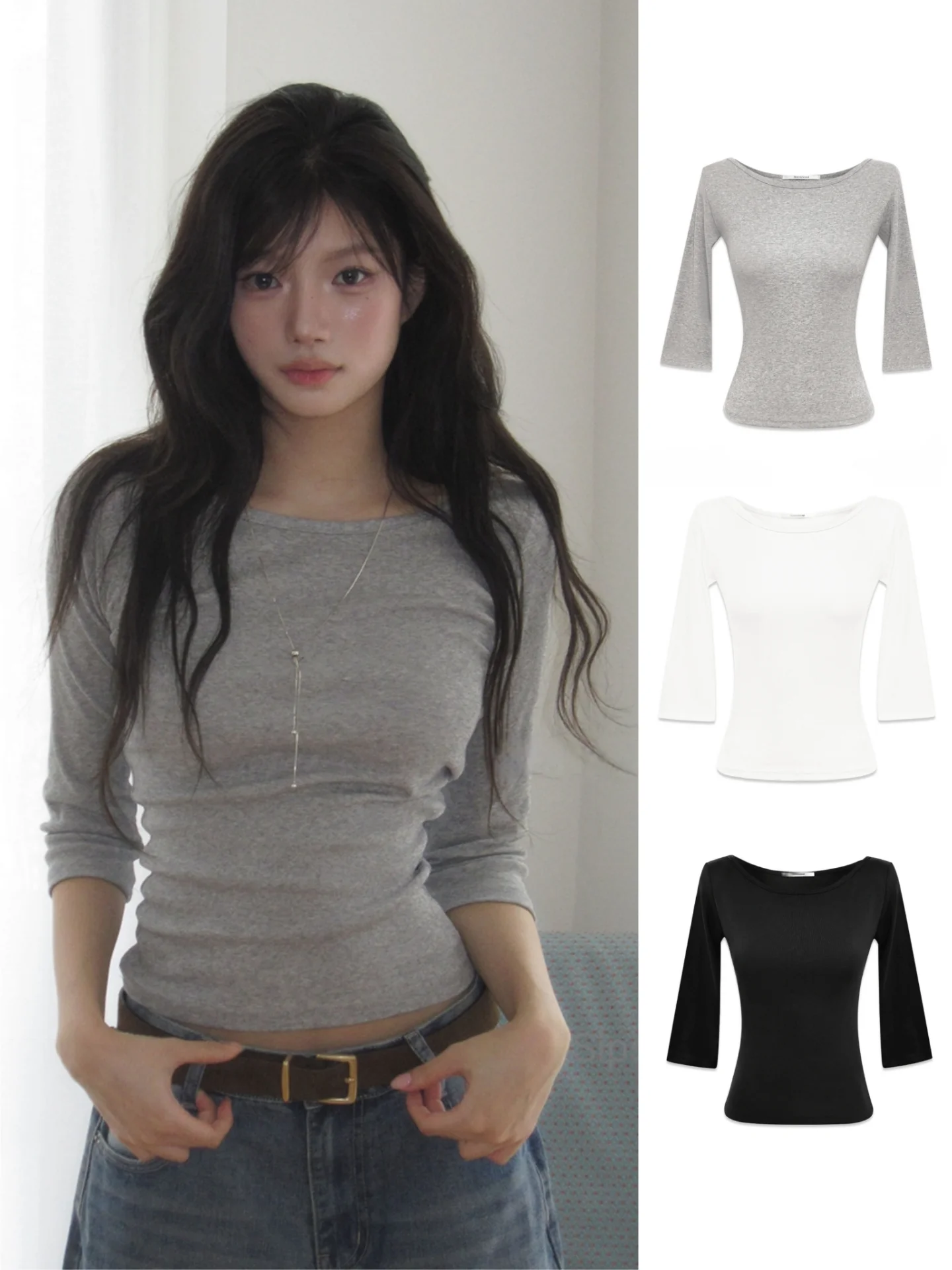 Slim Fit round Neck Long Sleeve T-Shirt Women's Korean Style Basic Pure Color Waist Cinched Versatile Base Layer Top